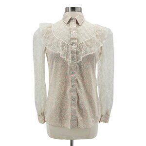 Vintage Cameo Rose Womens 11/12 Top Floral Lace Button Ivory Pink Western READ